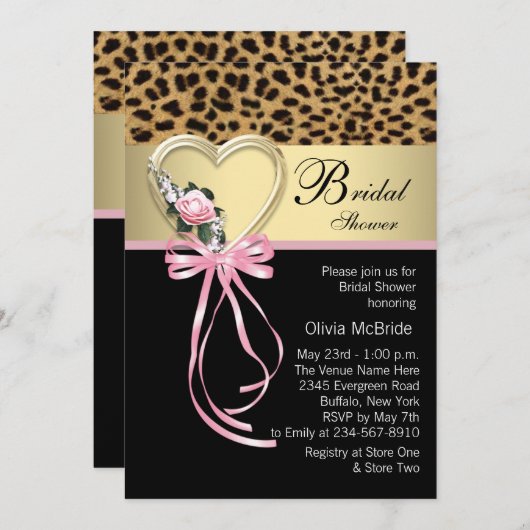 Invitation Fête des mariées léopard rose en or noir (Devant / Derrière)
