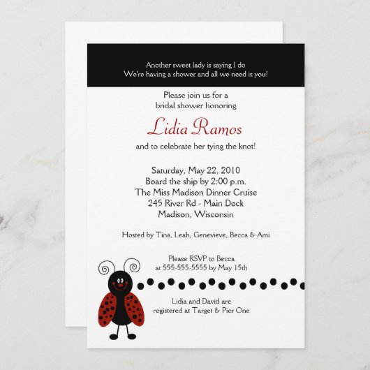 Invitation Fête des mariées Love Bug Ladybug 5x7 (Devant / Derrière)