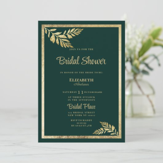 Invitation Fête des mariées luxueuse en feuille dorée foncée (Debout devant)