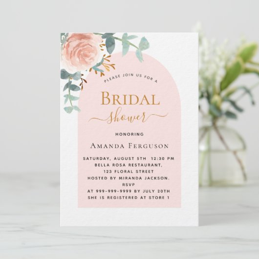 Invitation Fête des mariées luxueuse en or rose fleuri (Debout devant)
