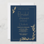 Invitation Fête des mariées luxueuse marine bleu or feuillage (Devant)