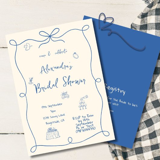 Invitation Fête des mariées Main dessinée crème bleue Whimsic