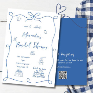 Invitation Fête des mariées main tiré bleu français Whimsical