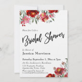 Invitation Fête des mariées manuscrite Bourgogne Fleurs rouge (Devant)