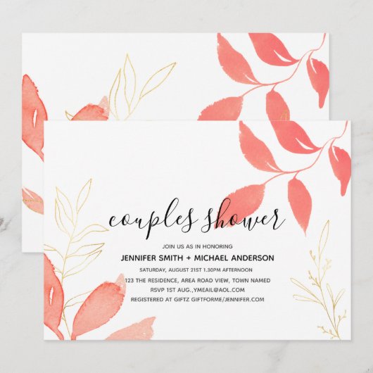 Invitation Fête des mariées Mariage botanique Coral Gold Coup (Devant / Derrière)