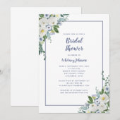 Invitation Fête des mariées mariage Elégant Floral Bleu Blanc (Devant / Derrière)