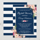 Invitation Fête des mariées mariage Floral Silver Navy rayure (Devant / Derrière)