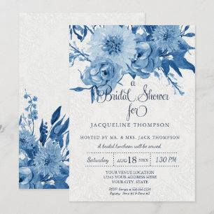 Invitation Fête des mariées Marine bleu blanc Chintz Damask F