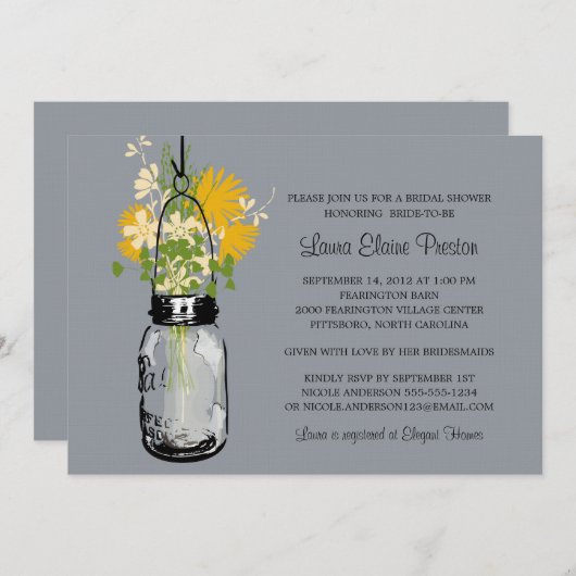 Invitation Fête des mariées Mason Jar et Fleurs sauvages (Devant / Derrière)