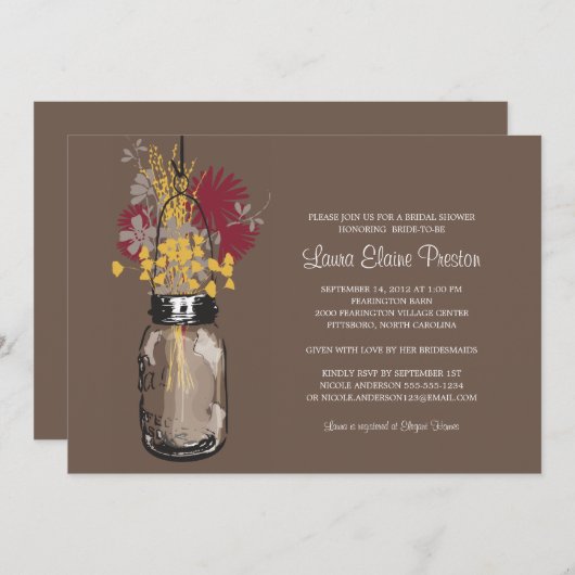 Invitation Fête des mariées Mason Jar et Fleurs sauvages (Devant / Derrière)