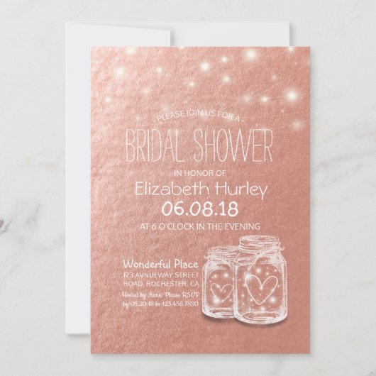 Invitation Fête des mariées Mason Jars String Lights Rose Gol (Devant)