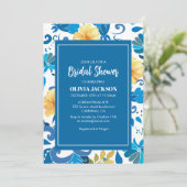 Invitation Fête des mariées méditerranéenne bleue et jaune (Debout devant)