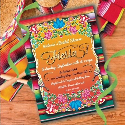 Invitation Fête des mariées mexicaine Fiesta Party Gold Parti