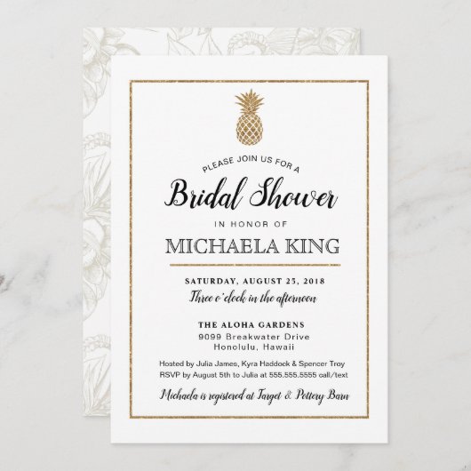 Invitation Fête des mariées moderne ananas, blanc & or (Devant / Derrière)