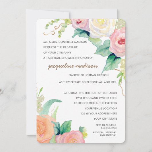 Invitation Fête des mariées Moderne Aquarelle Florale Roses (Devant)