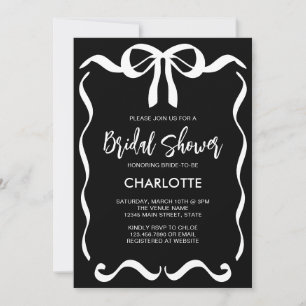 Invitation Fête des mariées moderne Black White Ribbon Bow