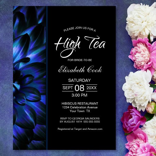 Invitation Fête des mariées moderne Blue Black Floral High Te