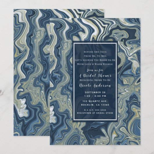 Invitation Fête des mariées moderne Blue White Gold Chic (Devant / Derrière)