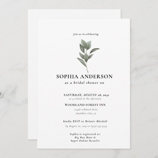 Invitation Fête des mariées moderne Botanique Eucalyptus Boho (Devant / Derrière)