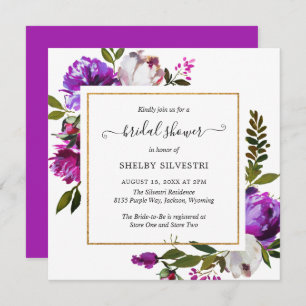 Invitation Fête des mariées moderne brillante violet Floral É