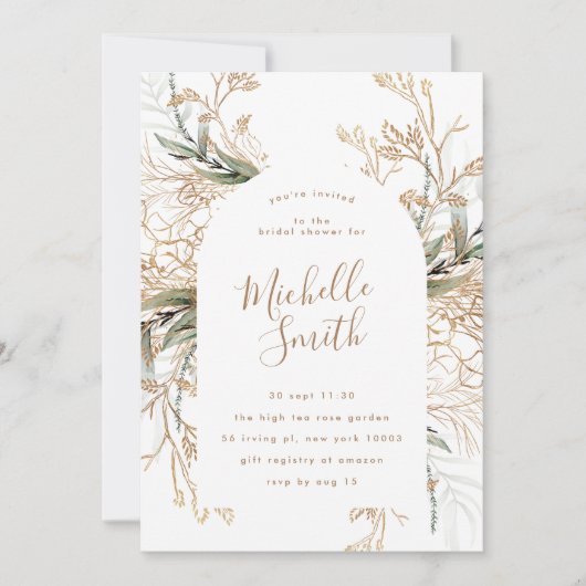 Invitation Fête des mariées moderne de Boho Eucalyptus en or  (Devant)