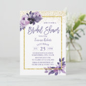 Invitation Fête des mariées moderne de cadre d'or floral viol (Debout devant)