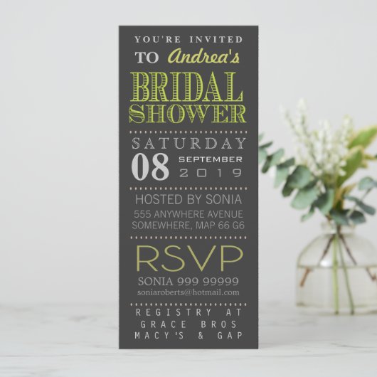 Invitation Fête des mariées moderne de typographie verte long (Debout devant)