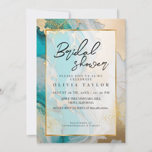 Invitation Fête des mariées moderne design en marbre turquois (Devant)