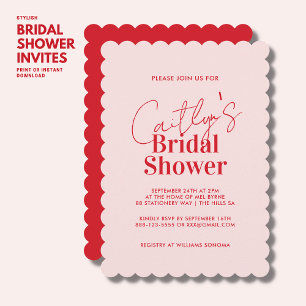 Invitation Fête des mariées moderne design rouge et rose pâle