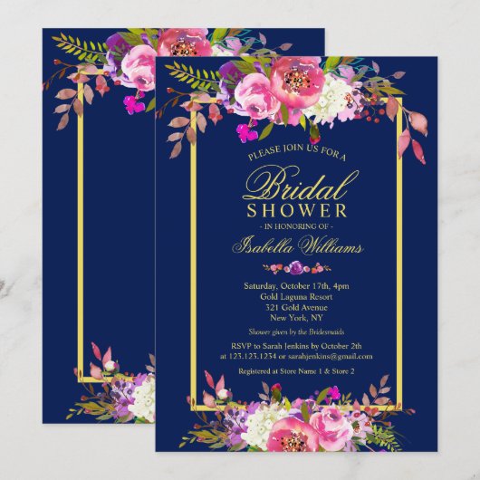 Invitation Fête des mariées moderne Floral Navy Blue Gold (Devant / Derrière)