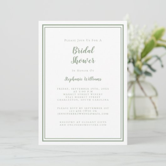 Invitation Fête des mariées moderne Mariage élégant Sage vert (Debout devant)