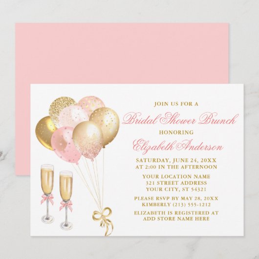 Invitation Fête des mariées moderne Pink Gold Balloons Brunch (Devant / Derrière)