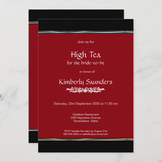 Invitation Fête des mariées moderne Red High Tea (Devant / Derrière)