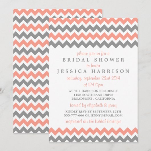 Invitation Fête des mariées moderne rose et gris Chevron (Devant / Derrière)