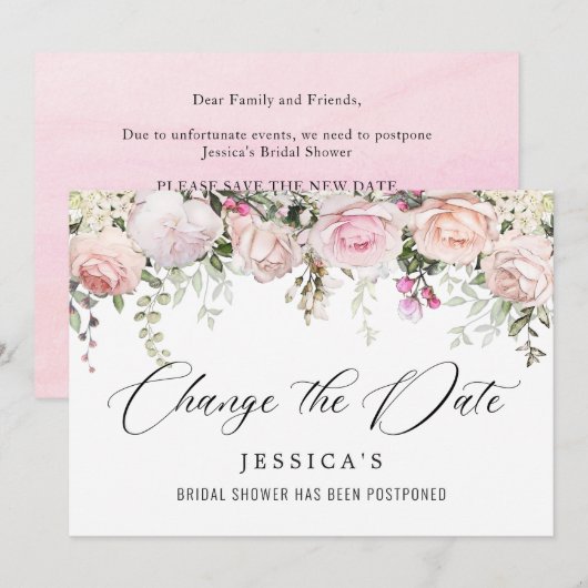 Invitation Fête des mariées Modifier la date Fleurs roses bla (Devant / Derrière)