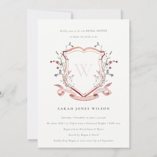 Invitation Fête des mariées Monogram Crest Fleur sauvage rose (Devant)