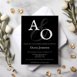 Invitation Fête des mariées Monogramme minimaliste noir