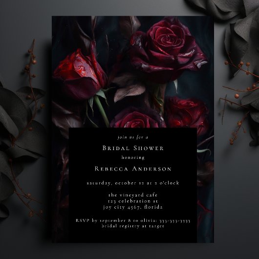 Invitation Fête des mariées Moody Noir Gothique Rouge Roses