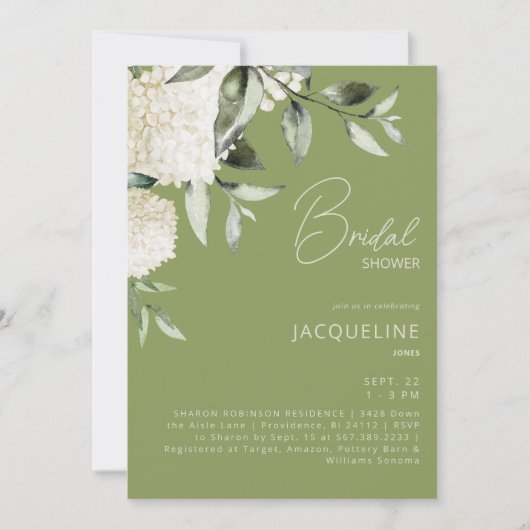 Invitation Fête des mariées Moss Green White Hydrangeas (Devant)