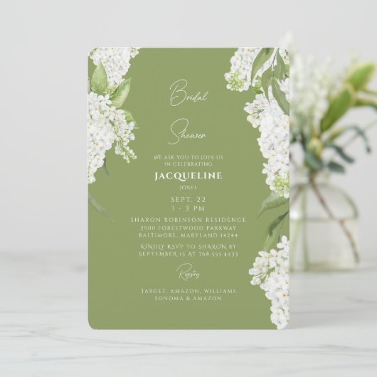 Invitation Fête des mariées Moss Green White Hydrangeas (Debout devant)