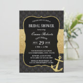 Invitation Fête des mariées nautique Ancre dorée Noir & Or (Debout devant)