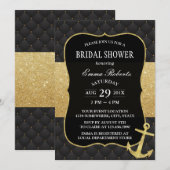 Invitation Fête des mariées nautique Ancre dorée Noir & Or (Devant / Derrière)