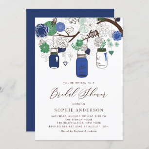 Invitation Fête des mariées Navy Blue and Green Mason Jars