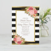 Invitation Fête des mariées noir blanc rayures rose Floral or (Debout devant)