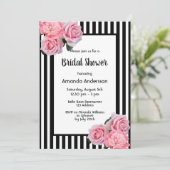 Invitation Fête des mariées noir blanc rayures rose florales (Debout devant)