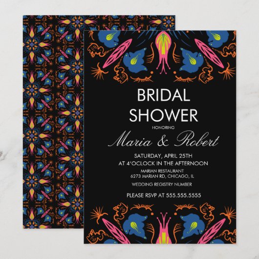 Invitation Fête des mariées noire florale indienne (Devant / Derrière)