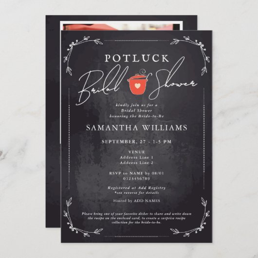 Invitation Fête des mariées noire Potluck (Devant / Derrière)