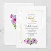 Invitation Fête des mariées or rose bleu floral haute thé (Devant / Derrière)