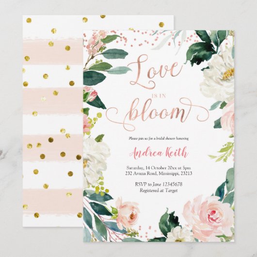 Invitation Fête des mariées or rose et Rose (Devant / Derrière)