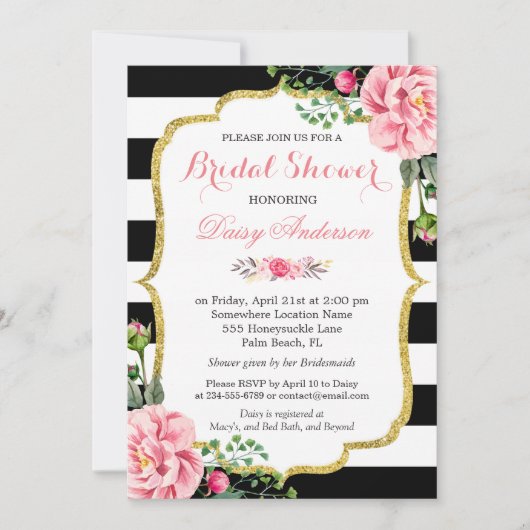 Invitation Fête des mariées or rose floral noir blanc rayures (Devant)